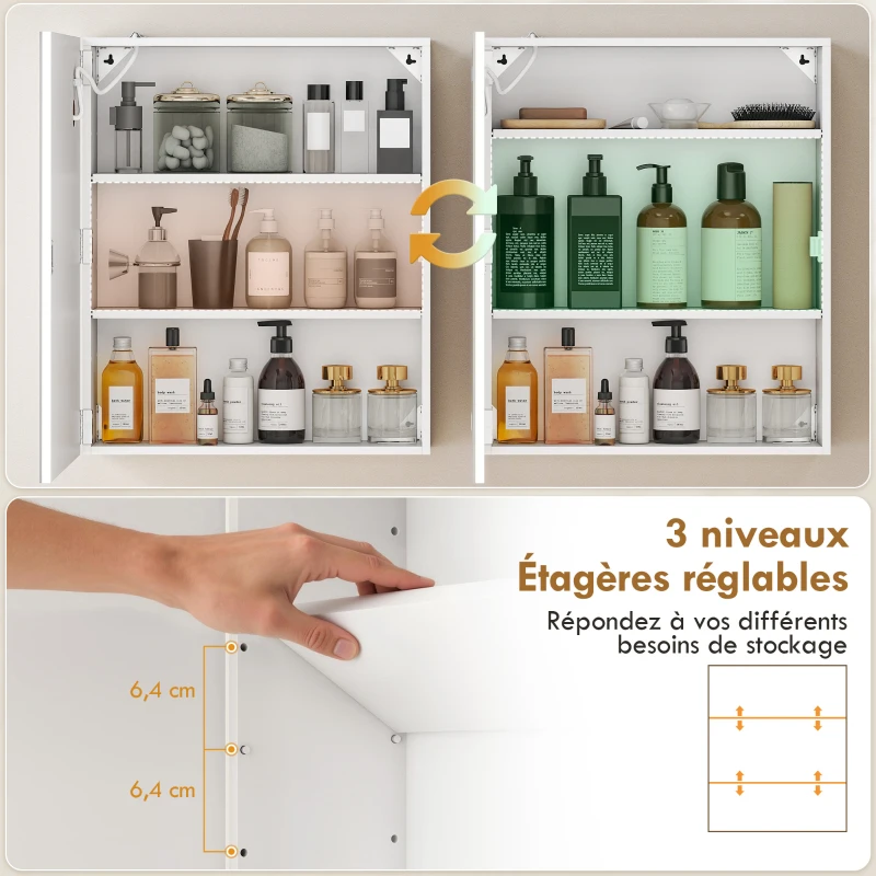 HOMCOM Armoire murale salle de bain avec miroir et éclairage LED, anti-buée, étagères réglables, 50 x 15 x 60 cm, blanc