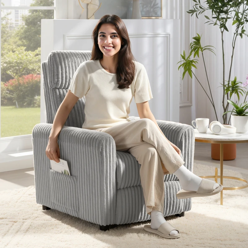 HOMCOM Sillón Relax Reclinable Manual Tapizado en Pana Instalación Rápida Reposapiés Acolchado Grueso Gris Claro