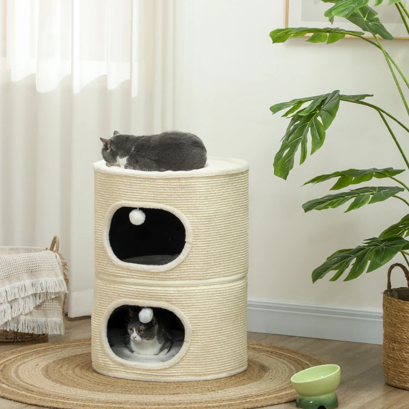 PawHut Tour pour chat modulable tonneau griffoir chat fermeture éclair séparable 3 niveaux tapis de grattage Ø 51 x 69 cm crème