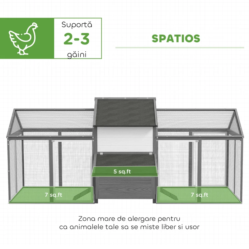 PawHut Cuibar din Lemn pentru Găini Ouătoare de Exterior cu 2 Zone Laterale, Căsuță, Cuib, Acoperiș Impermeabil, Sertar Detasabil, Loc de Odihnă, Uși și Rampă, pentru 2-4 Găini, 247x118x113.5 cm, Gri