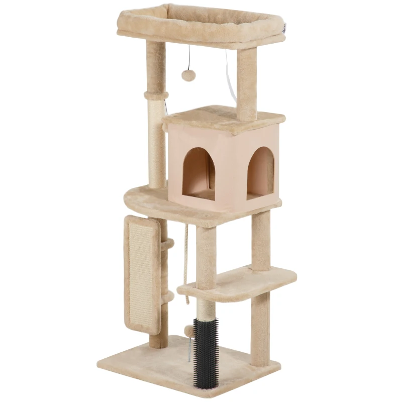 PawHut Albero per Gatti Multilivello Alto 132 cm con Casetta, Lettino, Pali Tiragraffi, Spazzola e Pallina, Beige