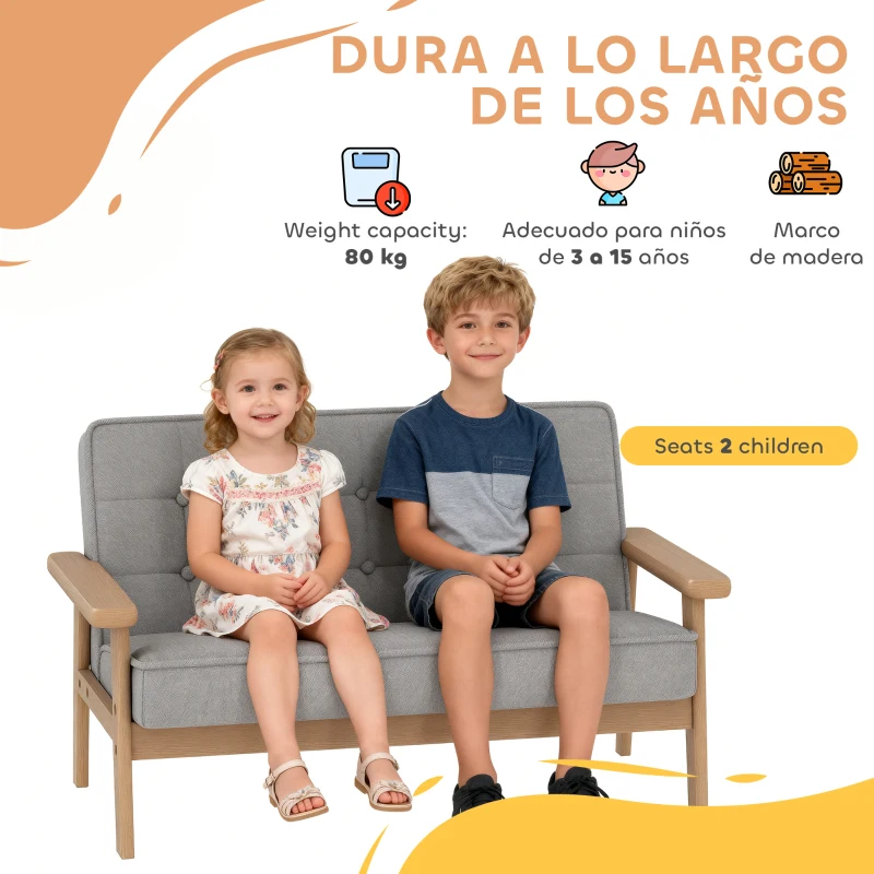 AIYAPLAY Sofá para Niños de 2 Plazas Sillón Infantil de Felpa Suave Estructura de Madera para Niños de +3 Años Gris
