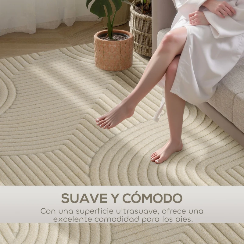 HOMCOM Alfombra Salón 160x120 cm Pelo Corto Estilo Moderno Base Antideslizante Tejida a Máquina Crema