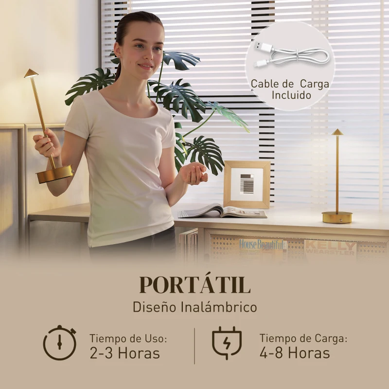 HOMCOM Juego de 2 Lámparas de Mesa LED Recargables con USB y Control Táctil y Luz Regulable Ø10x30 cm Dorado
