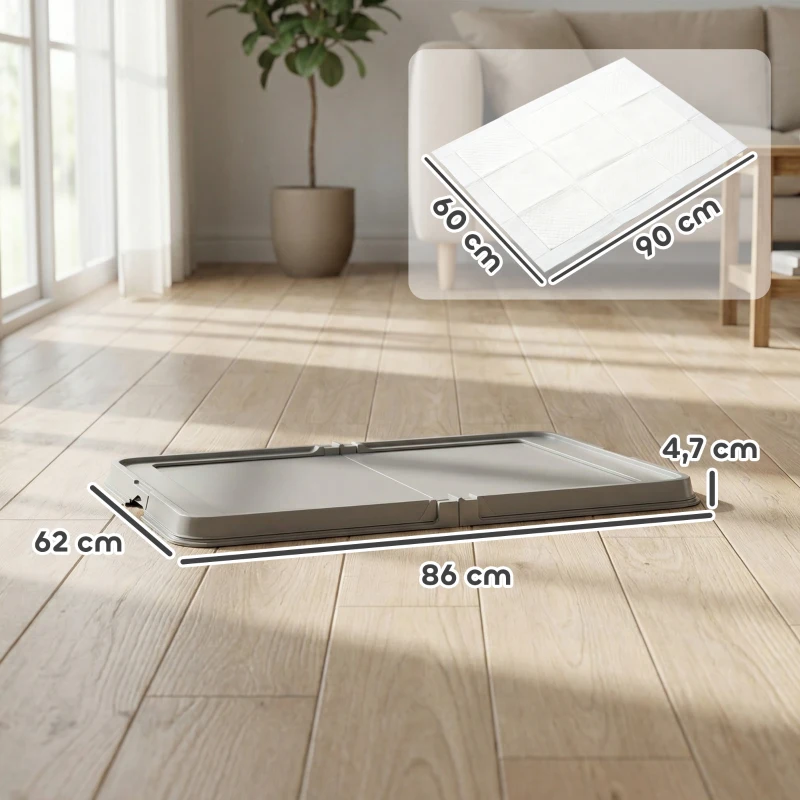 PawHut Sanitário Dobrável para Cães 86x62 cm Tabuleiro Higiênico Treino 3 Almofadas Pés Antiderrapantes Cinzento