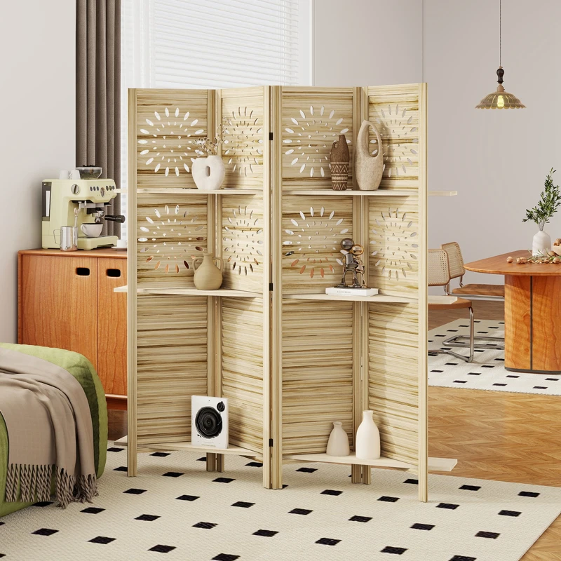 HOMCOM Paravent intérieur 4 panneaux et 3 étagères, 160 x 170 cm, séparateur de pièce pliable, bois de paulownia, bois naturel