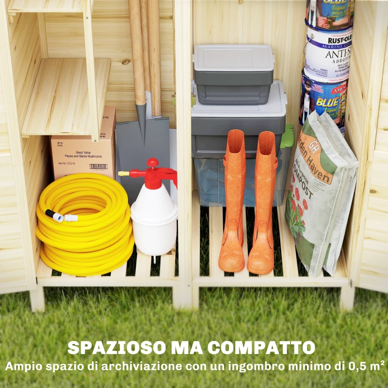 Outsunny Capanno per Attrezzi a 2 Zone con Ripiani Regolabili e Finestra, in Legno di Abete, 106x57x167 cm, Color Legno