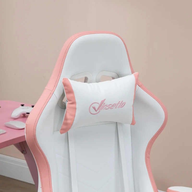 Vinsetto Computer Gaming Chair, PU Leather Office Desk Chair with Footrest, Swivel Wheels, 135° Reclining Back, Lumbar Support, Headrest for Home, White and Pink