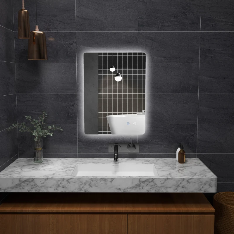 kleankin Miroir rectangulaire mural lumineux LED de salle de bain 80 x 60 cm luminosité réglable blanc transparent