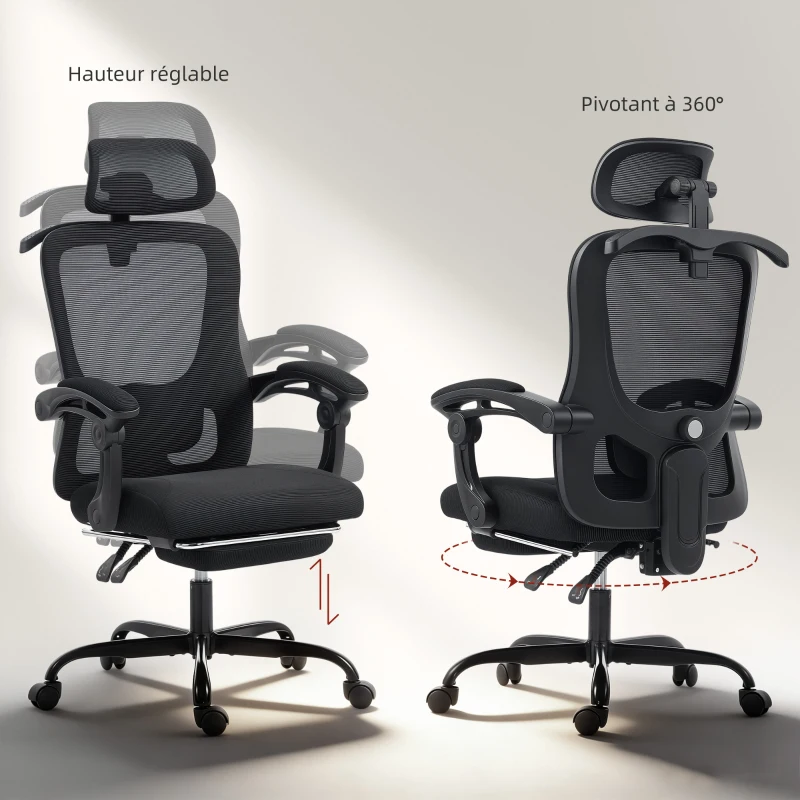 HOMCOM Chaise bureau ergonomique, fauteuil de bureau en maille avec appuie-tête réglable, support lombaire, 64x64x124cm, noir