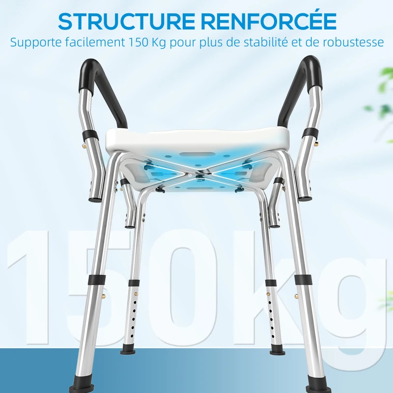 HOMCOM Tabouret de douche pour personnes âgées et handicapées avec accoudoirs, hauteur réglable, patins antidérapants, blanc