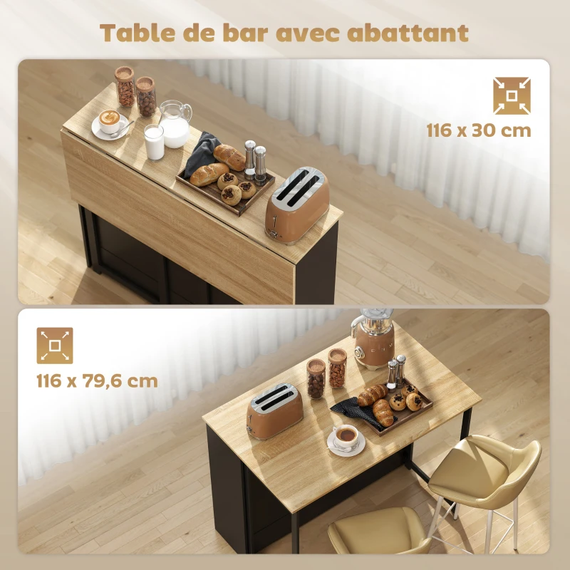 HOMCOM Table de bar extensible avec abattant, table haute cuisine, 1 placard et 4 compartiments ouverts, 116x79,6x90,5cm, noir(m-4)