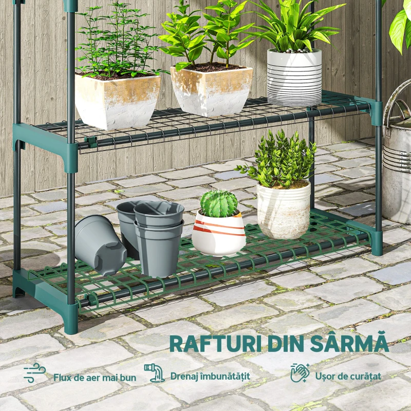 Outsunny Set de 2 rafturi pentru plante cu 4 niveluri din oțel cu cârlige, 90x28x104 cm, verde