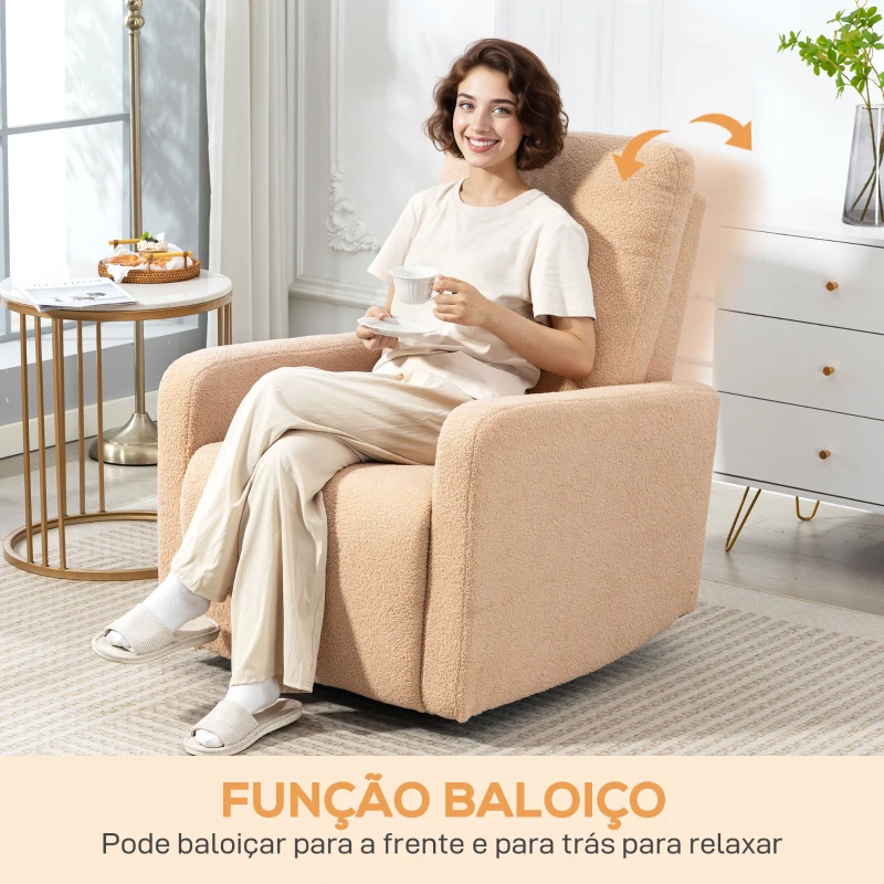 HOMCOM Poltrona Relax Reclinável Manual Poltrona Relax de Borreguito com Função de Baloiço 360° Reclinável até 135º 76x94x100 cm Marrom Claro