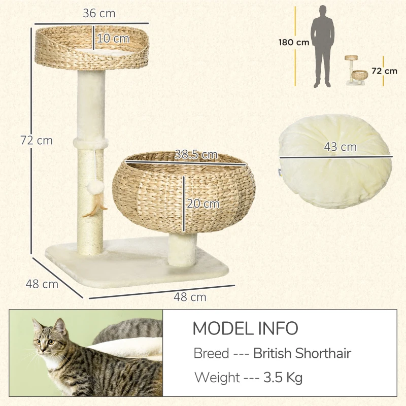 PawHut 72cm Cat Tree Kitten Tower, with Sisal Scratching Post, Two Beds, Toy Ball