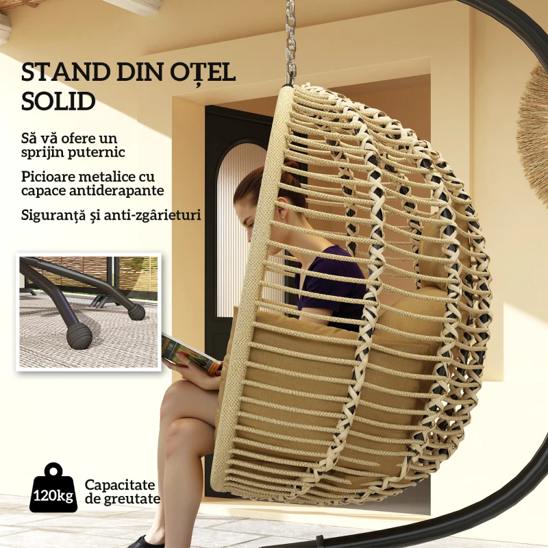 Outsunny Leagăn pentru Exterior cu Pernă Capitonată, Scaun Suspendat pentru Terasă cu Suport Metalic, Cos Pliabil, 110x100x188 cm, Gri