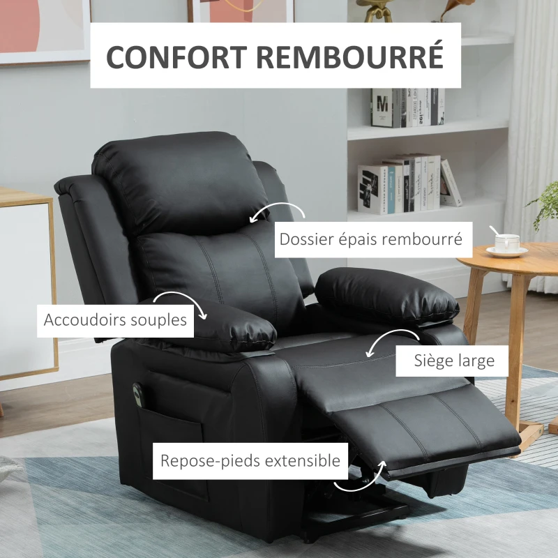 HOMCOM Fauteuil releveur électrique fauteuil relax électrique avec repose-pied télécommande et 2 pochettes 76x90x105cm noir