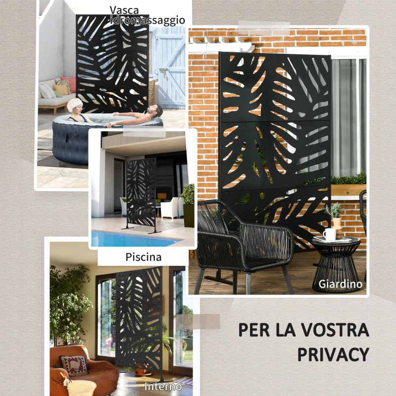 Outsunny Separé a 3 Ante Verticali in Acciaio con Motivo Tropicale, 122x45x198 cm, Nero