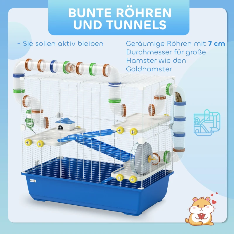 PawHut Hamsterkäfig mit 4 Ebenen, Kleintierkäfig mit Tunnelsystem, Hütte, Laufrad, für Zwerghamster, 78 x 45 x 73 cm, Blau