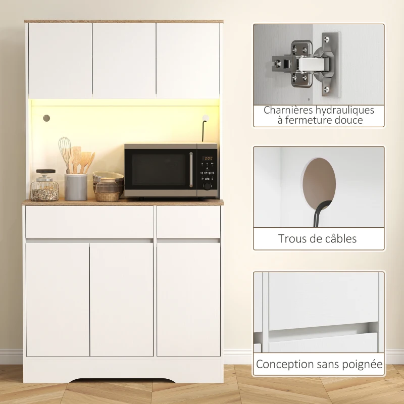 HOMCOM Buffet cuisine meuble cuisine rangement haut avec lumière LED RGB, plan de travail, 6 portes, 2 tiroirs, blanc