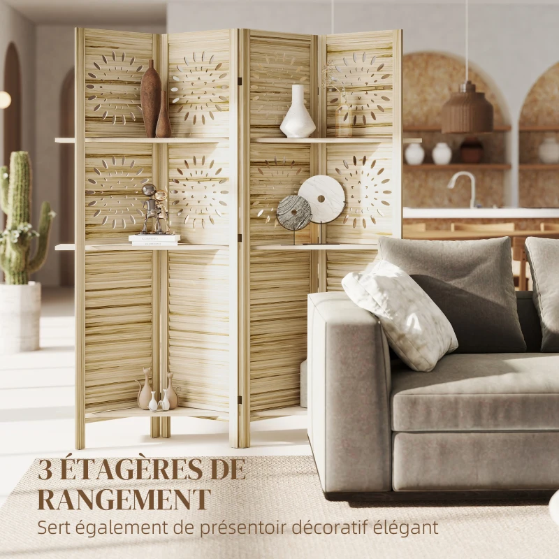 HOMCOM Paravent intérieur 4 panneaux et 3 étagères, 160 x 170 cm, séparateur de pièce pliable, bois de paulownia, bois naturel