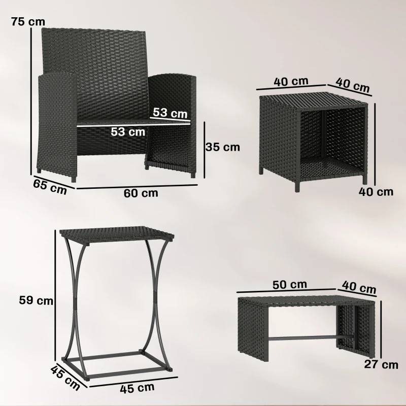 Outsunny 6 Piece Rattan Garden Furniture, Space-Saving Patio Furniture Set with Nesting Tables, Chairs, Stools, Cushions, Black