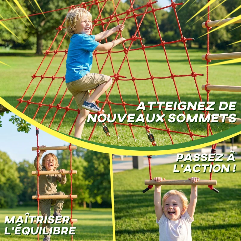 AIYAPLAY Parcours d'obstacles Ninja pour enfants 10 M kit de tyrolienne complet charge 100 kg, installation facile, rouge