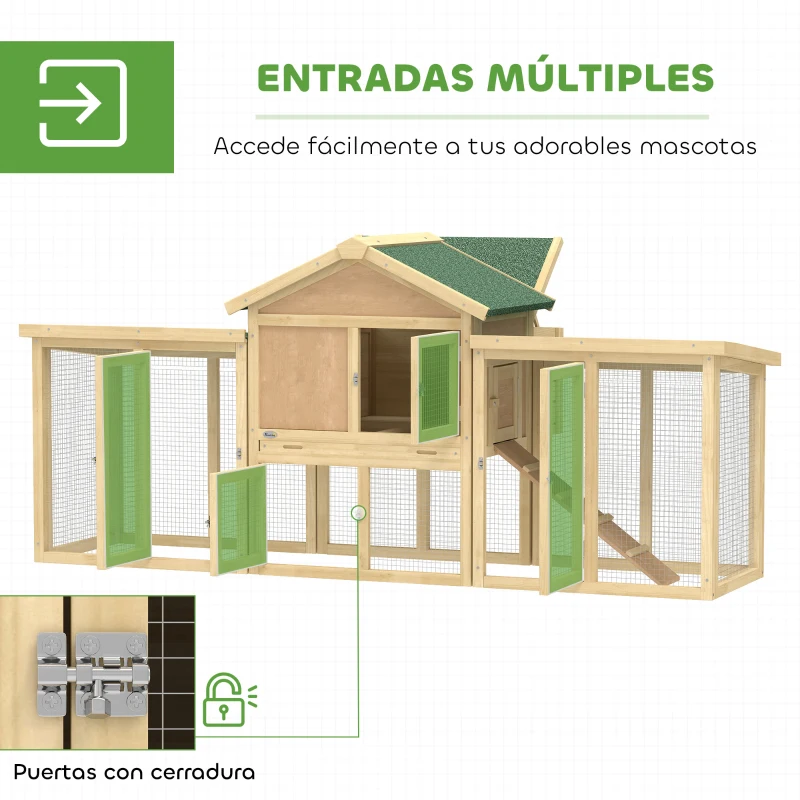 PawHut Gallinero para Exterior Grande de Madera 204x85x93 cm con Caja de Anidación Corral Bandeja Extraíble y Percha Natural