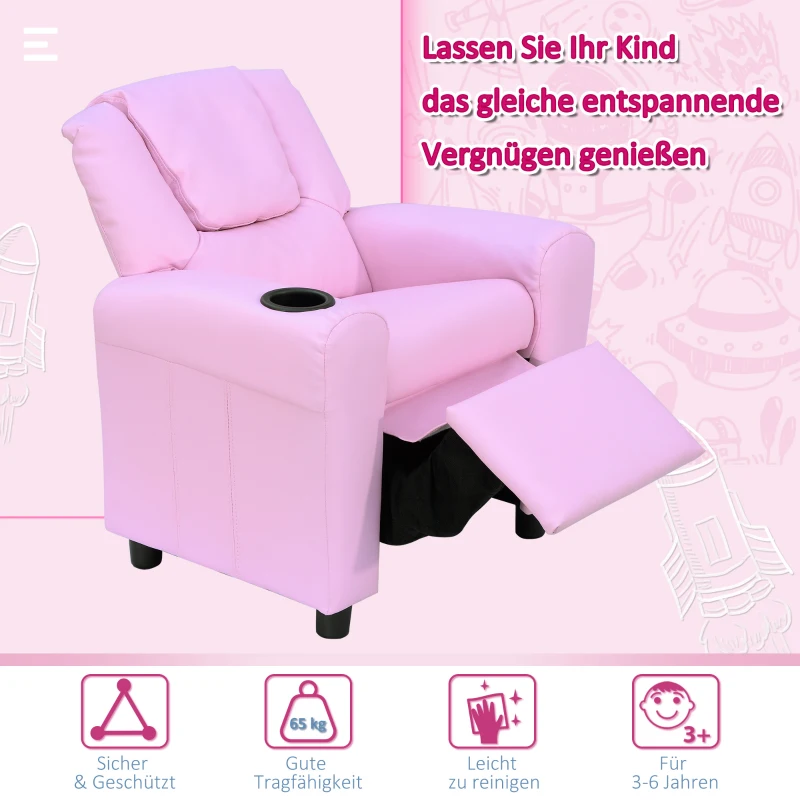 HOMCOM Kindersofa Kindersessel mit Fußstütze Armlehne Getränkehaltern verstellbare Rückenlehne Liegecouch Kindercouch Relaxsessel Kinder Sofa für 3-6 Jahre Jungen Mädchen Rosa