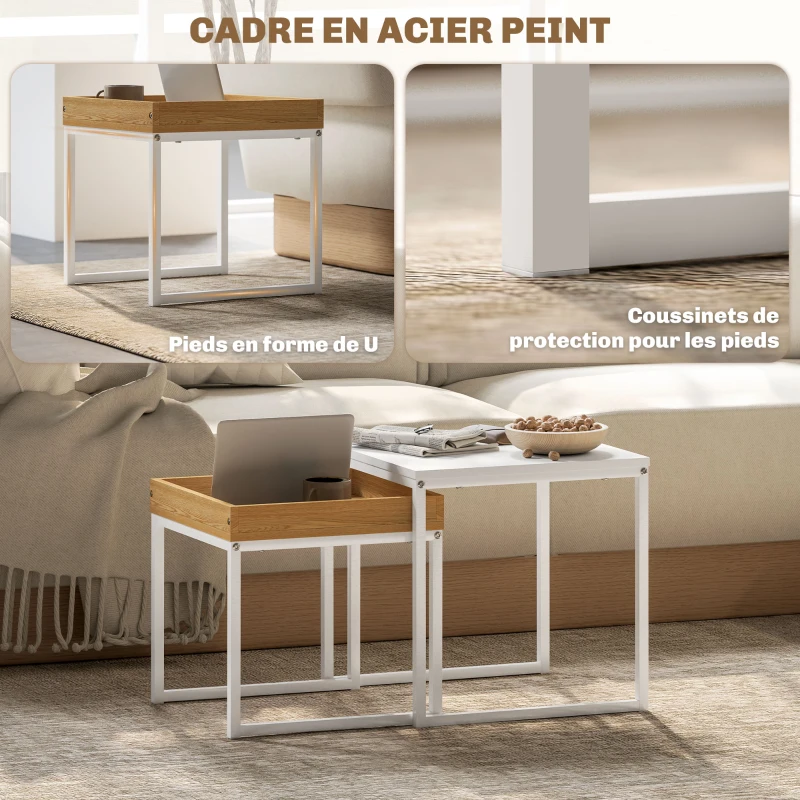 HOMCOM Lot de 2 tables basses gigognes carrées, tables gigognes de salon avec cadre en acier, style moderne, blanc