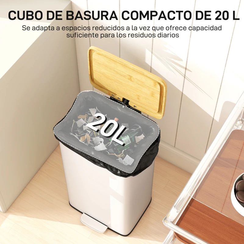HOMCOM Cubo de Basura Cocina con Pedal 20L Tapa Cierre Suave Cubo Interior Extraíble 29,5x29,5x56,8 cm Blanco y Natural