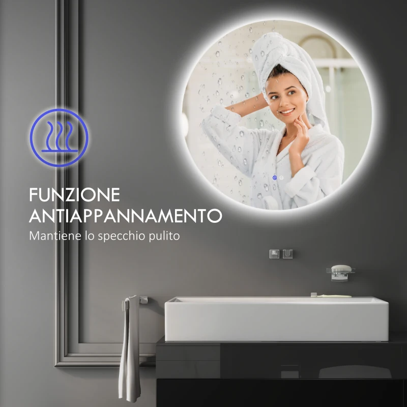 kleankin Specchio Bagno con Luci LED Regolabili, Interruttori Touch e Design Antiappannamento, Ø60 cm