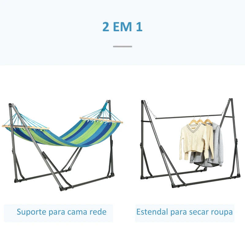 Outsunny Cama Rede com Suporte Dobrável 2 em 1 Estendal com Barra Estrutura de Aço para Jardim 270x100x94 cm Azul e Verde
