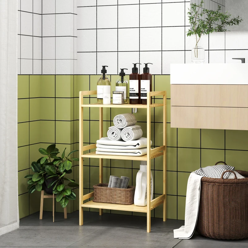 HOMCOM Étagère salle de bain à 3 niveaux étagère en bambou 3 étagères réglables 5 positions 43,5 x 31,5 x 80 cm bois naturel