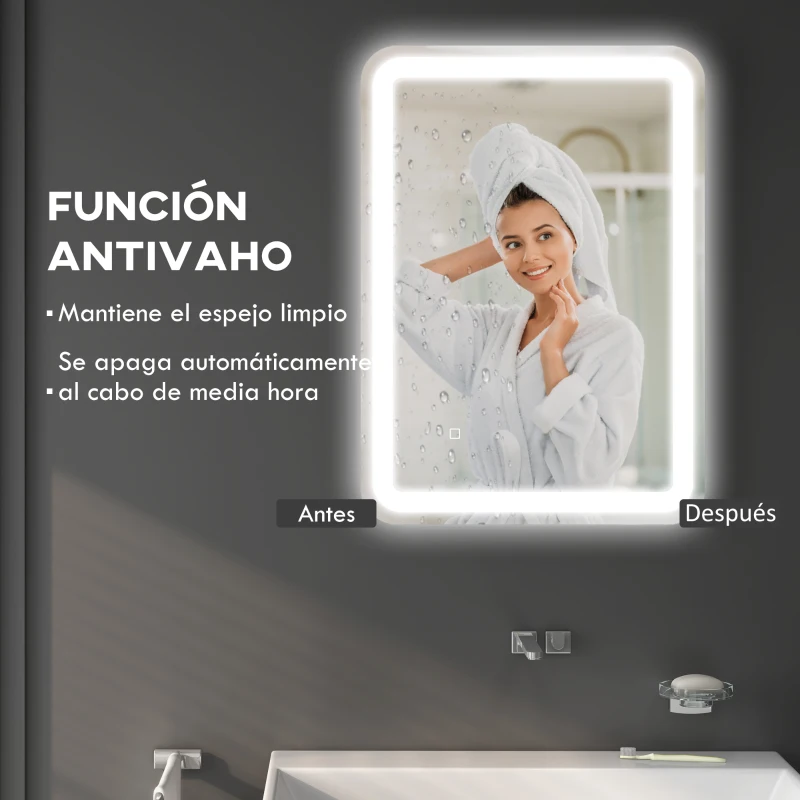 HOMCOM Espejo de Baño con Luces LED 50x70 cm Espejo de Pared Antivaho con 3 Temperaturas de Color Regulable Función de Memoria