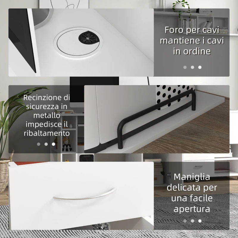 HOMCOM Scrivania per PC Ergonomica con Mensole, Armadietto, Cassetto e Piano Tastiera Estraibile, 120x60x74 cm, Bianca