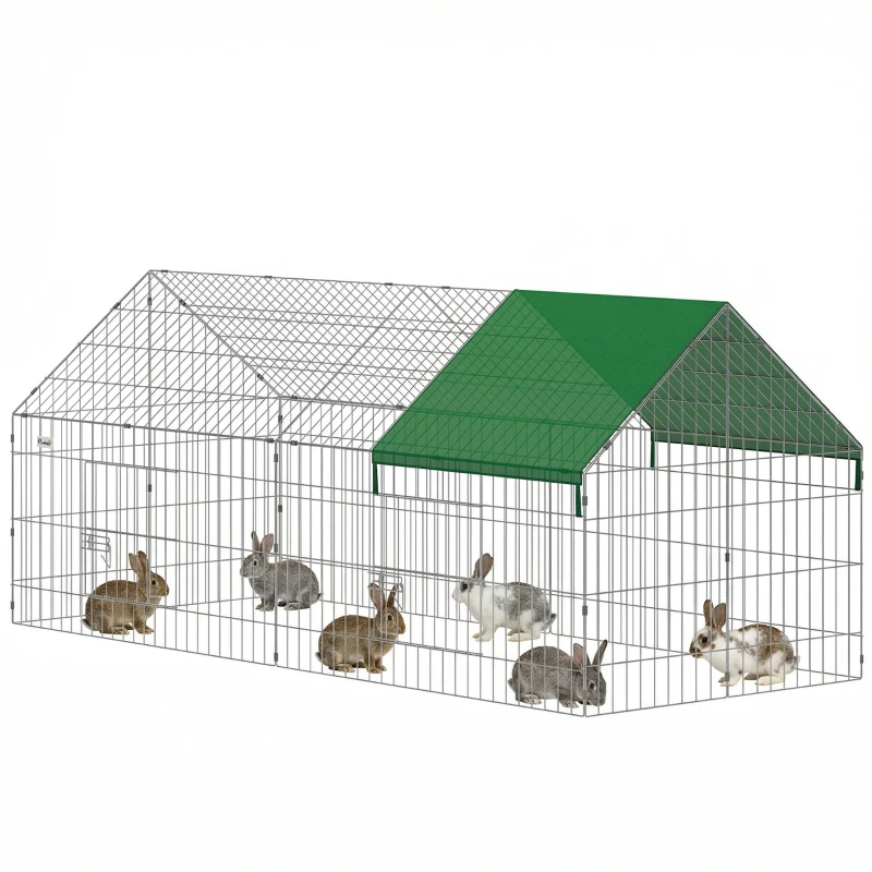 PawHut Gabbia per Conigli e Galline da Esterno e Interno con Protezione Parasole e Griglia Metallica, per Animali Piccoli, Anatre, Galline, 180x75x75 cm, Verde