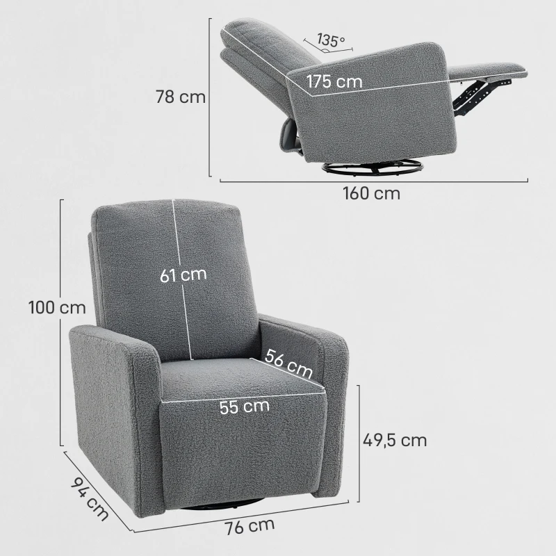 HOMCOM Sillón Relax Reclinable Manual hasta 135º con Reposabrazos Reposapiés Acolchado Grueso y Función de Balanceo 360° Gris