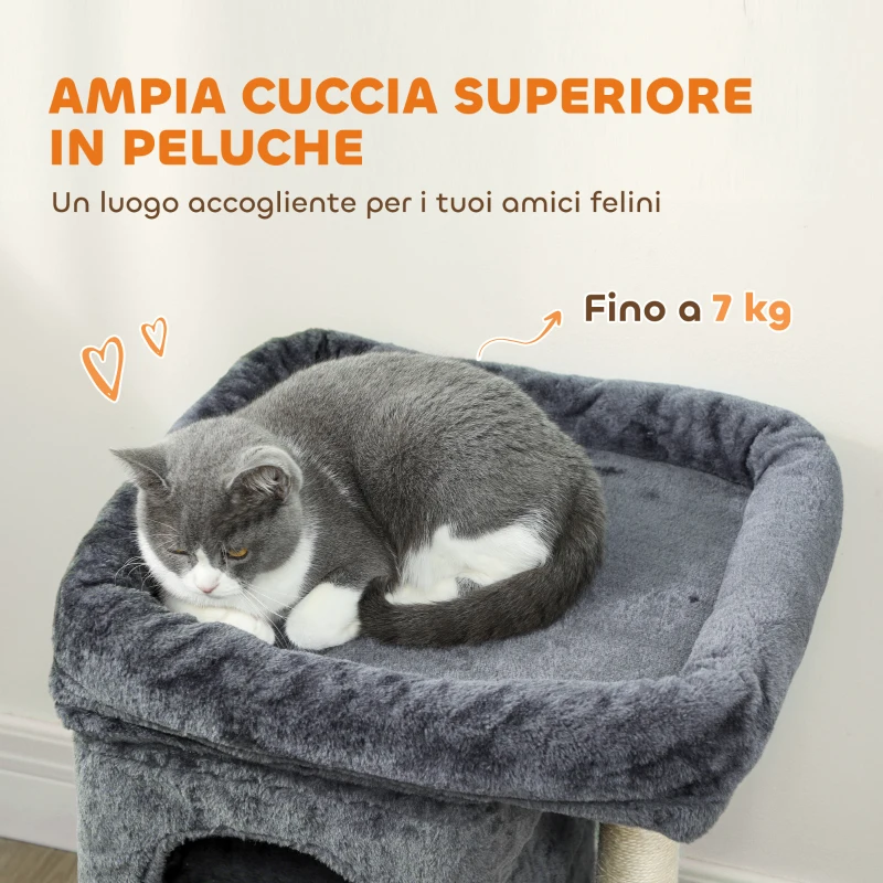 PawHut Torre per Gatti Fino a 7 kg con 2 Casette e Lettino, Palo in Sisal e Rivestimento Peluche, Grigio Scuro