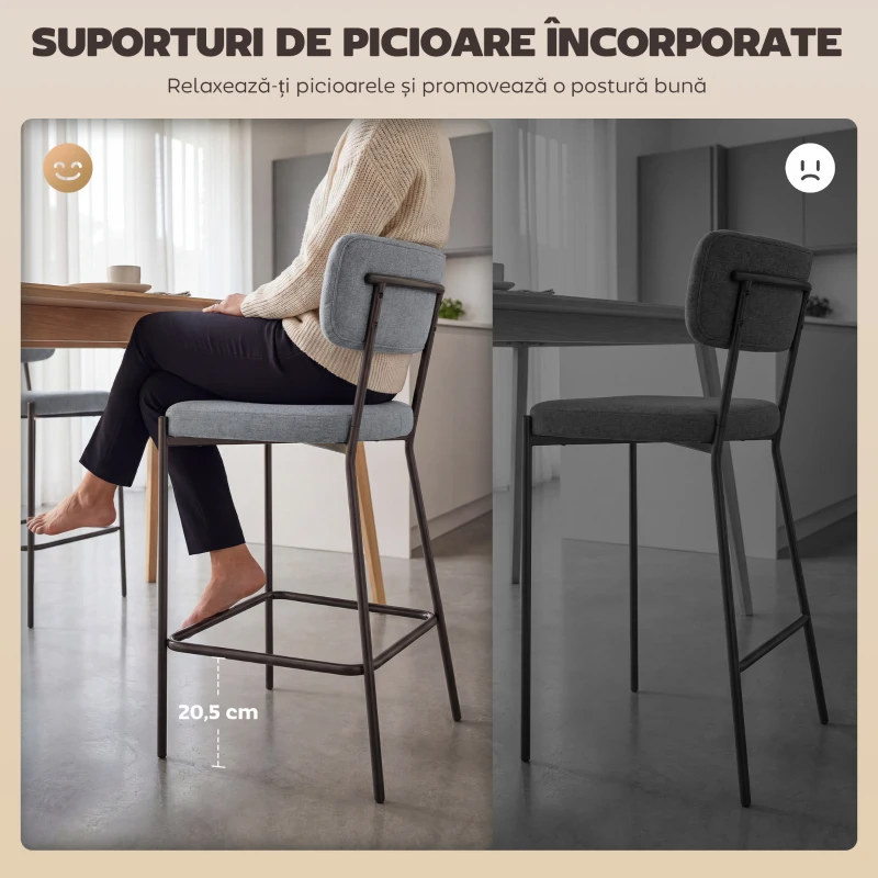 HOMCOM Set de 2 Scaune de Bar cu Spătar și Tapițate, Scaune înalte din material textil cu suport pentru picioare integrat și structură din metal ușor de montat, Scaune pentru bucătărie și living, Gri deschis