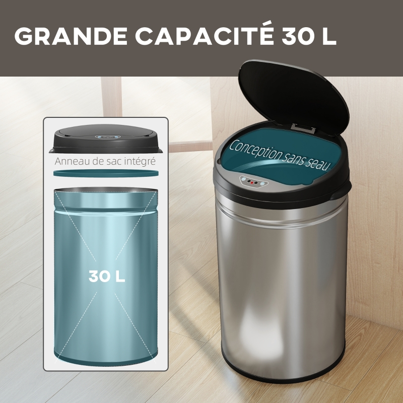 HOMCOM Poubelle cuisine automatique 30L acier inoxydable, poubelle à couvercle à fermeture en douceur, 32x30,5x51cm, argent