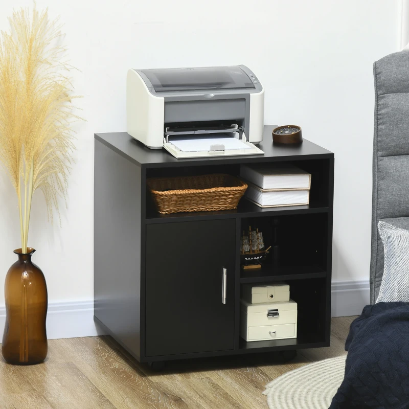 HOMCOM Mobile Porta Stampante a Rotelle con Armadietto e 3 Ripiani Aperti, in Legno, 60x50x65.5 cm, Nero