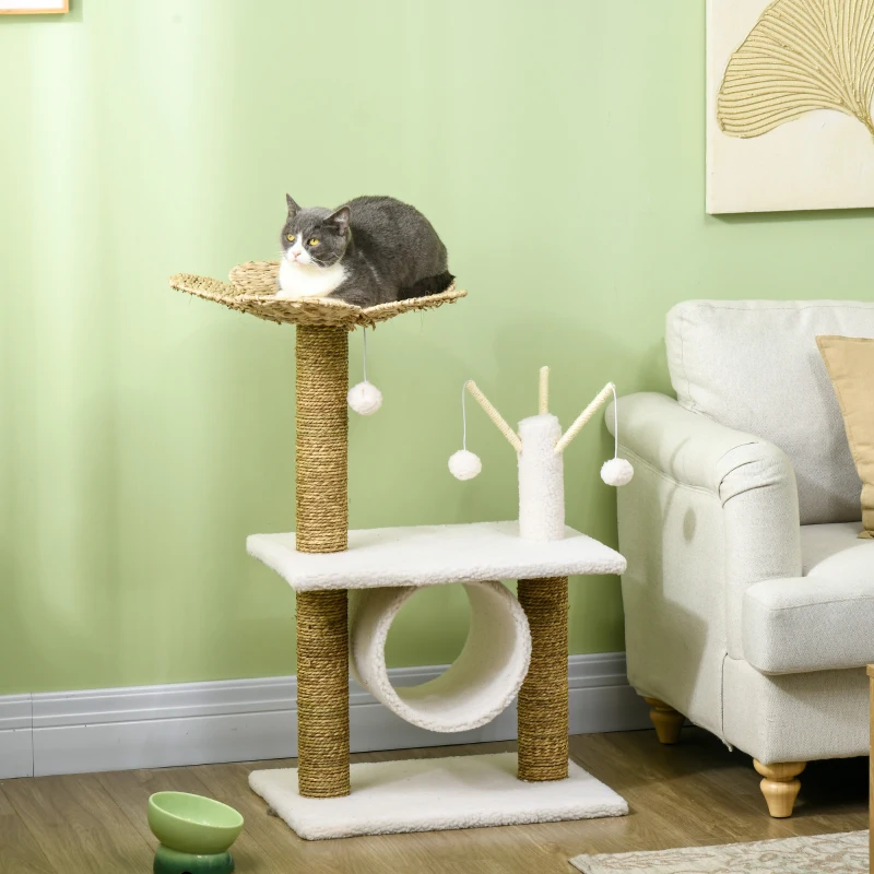 PawHut Arbre à chat griffoir sisal naturel tunnel plateforme style cosy chic quenouille peluche polyester 56 x 40 x 91cm beige