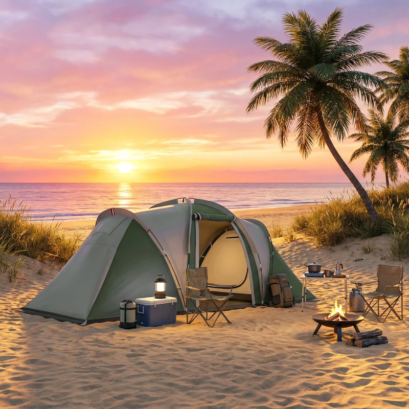 Outsunny Family Camping Tent 3000mm Waterproof Windproof Tunnel Tent 8-12 Person Two Bedrooms Green