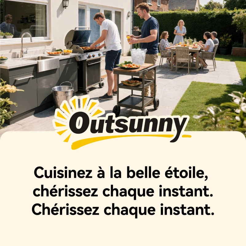 Outsunny Desserte jardin, chariot de barbecue sur roulettes avec porte-boissons et crochets, 97 x 51 x 83 cm, noir et marron