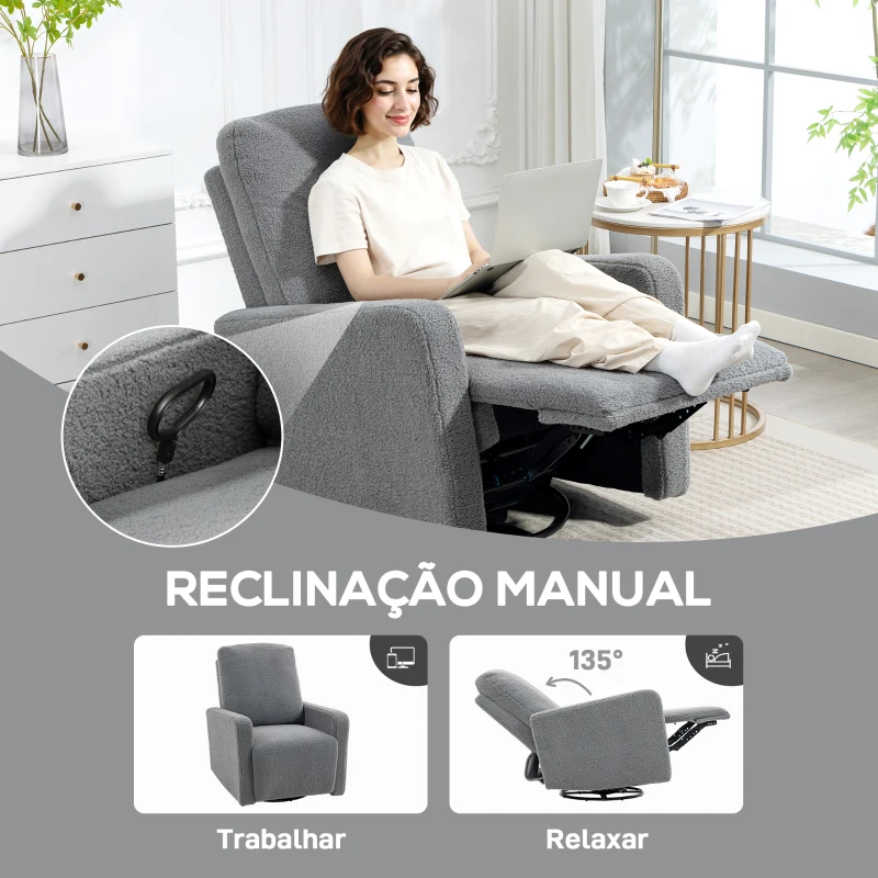 HOMCOM Poltrona Relax Reclinável Manual Poltrona Relax de Borreguito com Função de Baloiço 360° Reclinável até 135º 76x94x100 cm Cinza
