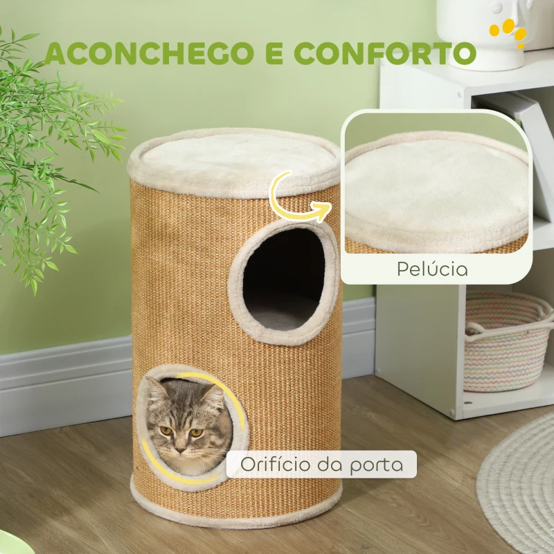 PawHut Barril Arranhador para Gatos de 2 Andares Arranhador para Gatos com 2 Cavernas e Cobertura de Sisal Ø35x60 cm Marrom