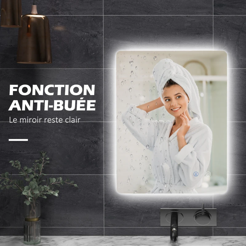 kleankin Miroir rectangulaire mural lumineux LED de salle de bain 70 x 50 cm 3 couleurs luminosité réglable blanc transparent