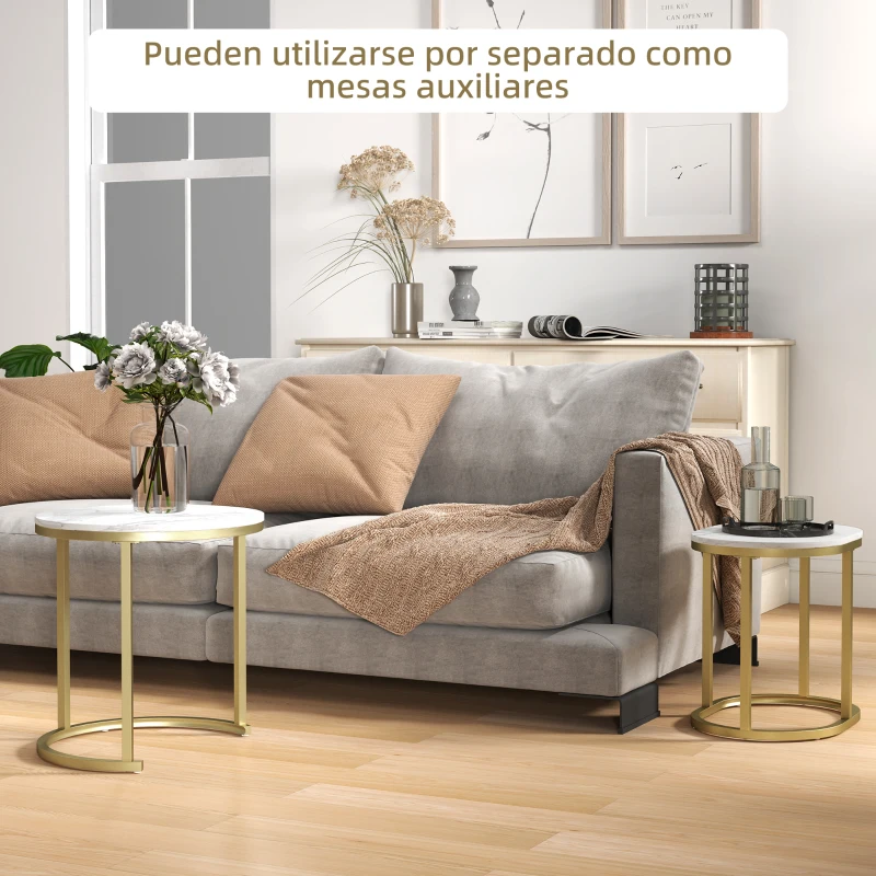 HOMCOM Juego de 2 Mesas de Centro Mesitas Auxiliares Tablero con Efecto Mármol Marco de Acero Dorado