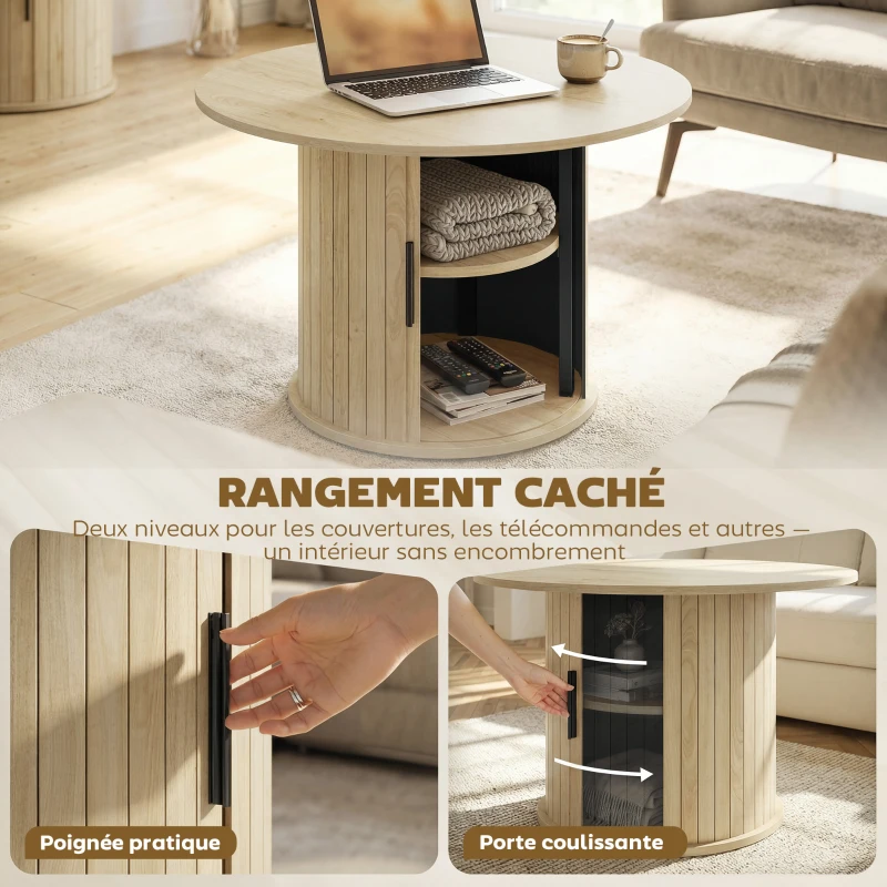 HOMCOM Table basse ronde, table de salon avec rangement, porte coulissante à lattes, 2 étagères, effet bois naturel